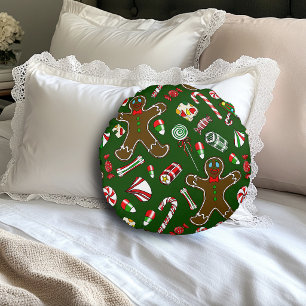 Coussins Ronds Motif de bonbon en pain d'épices festif vert ludiq