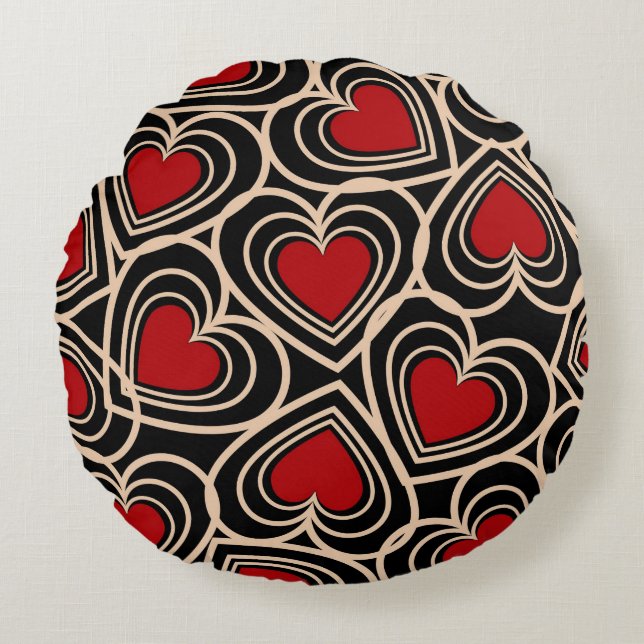 Coussins Ronds Motif de coeur simple Noir et Rouge (Devant)