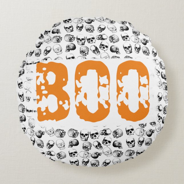Coussins Ronds Motif de crâne Éffrayant Orange Boo Halloween (Devant)