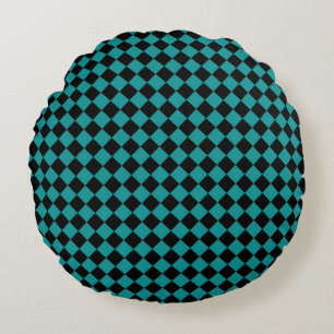 Coussins Ronds Motif de diamants turquoise Black Checker