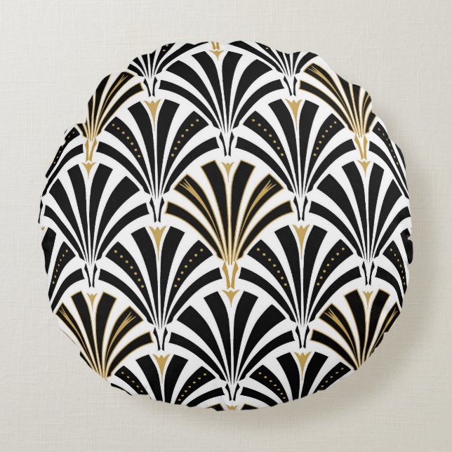 Coussins Ronds Motif de fan d'art déco - noir et blanc (Devant)