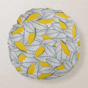 Coussins Ronds Motif de feuilles gris et jaune.