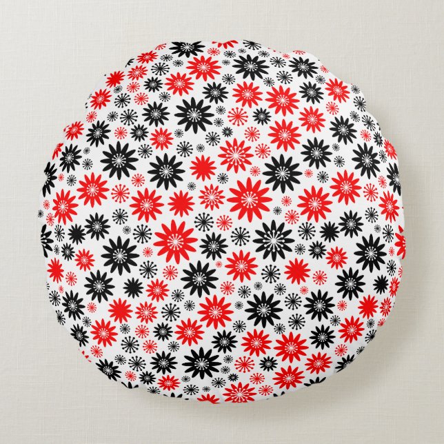 Coussins Ronds Motif de fleurs - Noir avec rouge et blanc (Devant)