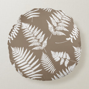 Coussins Ronds Motif de fougères de bois, Taupe Tan et Blanc
