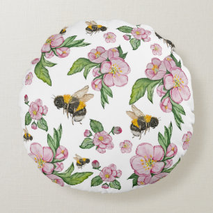 Coussins Ronds Motif de l'aquarelle des pommiers et des abeilles