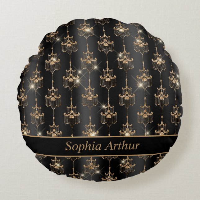 Coussins Ronds Motif de lustre d'étincelle d'or personnalisé noir (Devant)