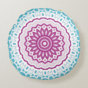 Coussins Ronds Motif de mandala bleu magenta et vert