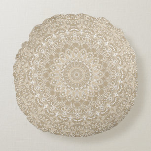 Coussins Ronds Motif de mandala ornemental kaki et blanc