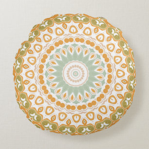Coussins Ronds Motif de mandala radieux ambre et olive