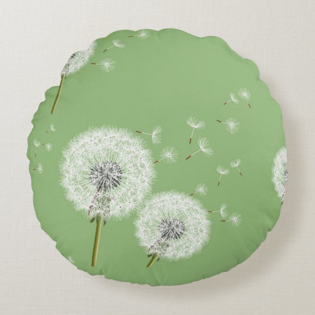 Coussins Ronds Motif de pissenlit sur l'arrière - plan vert (Devant)