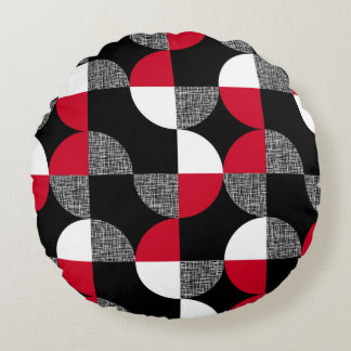 Coussins Ronds Motif de plaid géométrique noir, rouge, blanc.