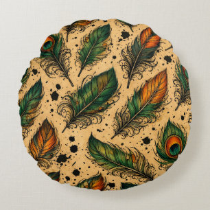 Coussins Ronds Motif de plumes de paon bohème 
