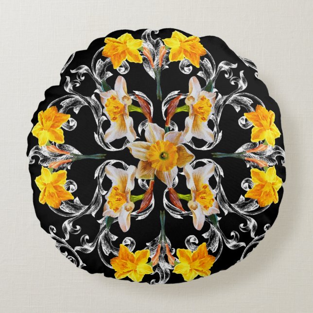 Coussins Ronds Motif de style baroque avec fleurs narcisse sur (Devant)