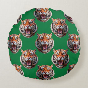 Coussins Ronds Motif de tête de tigre vert 