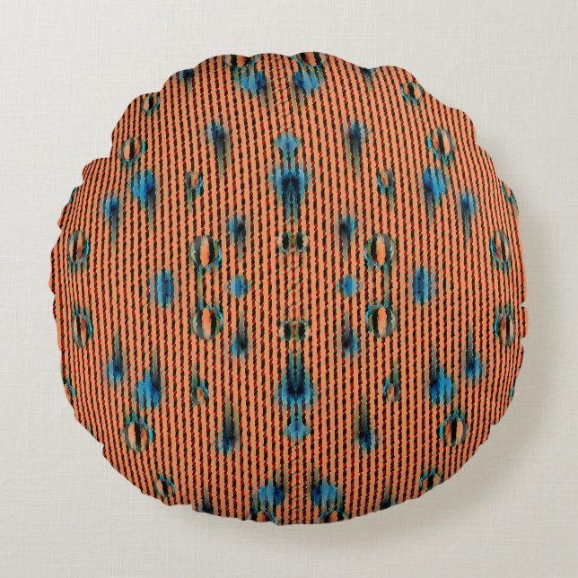 Coussins Ronds Motif de tissu orange et bleu brûlé (Devant)