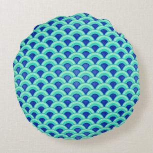 Coussins Ronds Motif de vague Art Déco - turquoise et cobalt