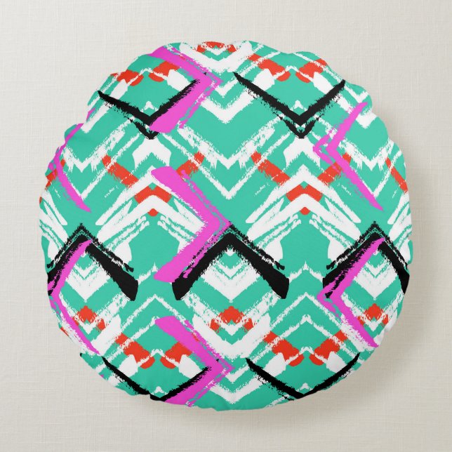 Coussins Ronds Motif de zigzag turquoise tiré par la main (Devant)