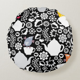 Coussins Ronds Motif d'oiseaux et de tasses