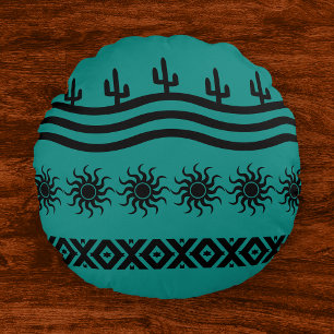 Coussins Ronds Motif du sud-ouest turquoise et noir