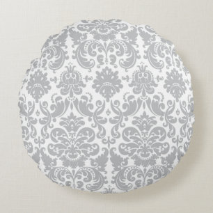 Coussins Ronds Motif élégant gris et blanc de damassé