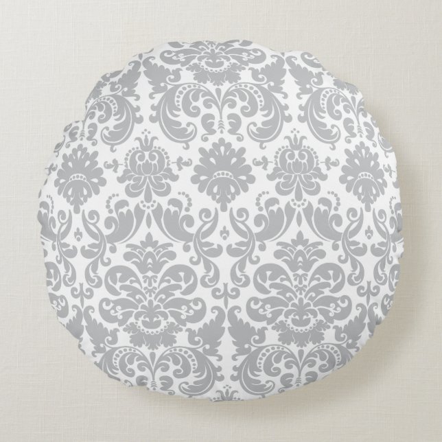 Coussins Ronds Motif élégant gris et blanc de damassé (Devant)