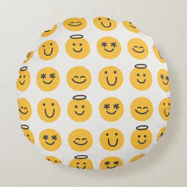 Coussins Ronds Motif Emoji Joyeux tiré à la main (Devant)