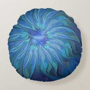 Coussins Ronds Motif fantaisie fleur bleue, art fractal abstrait