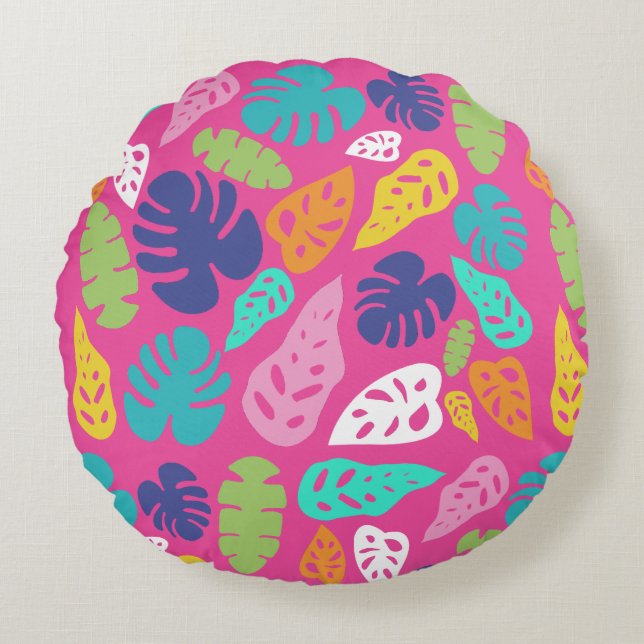 Coussins Ronds Motif Feuille d'été de couleur vive (Devant)