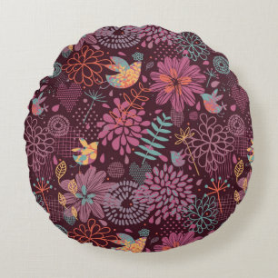 Coussins Ronds Motif floral abstrait avec des oiseaux