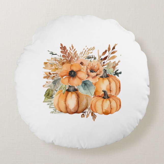 Coussins Ronds Motif Floral Citrouille de l'aquarelle de Thanksgi (Devant)