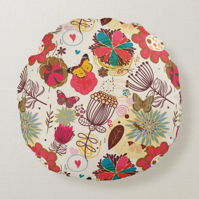 Coussins Ronds Motif floral dans le rétro style 4 (Devant)