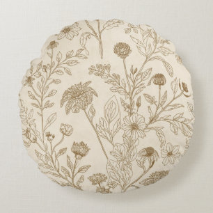 Coussins Ronds Motif floral d'art en ligne botanique sépia antiqu