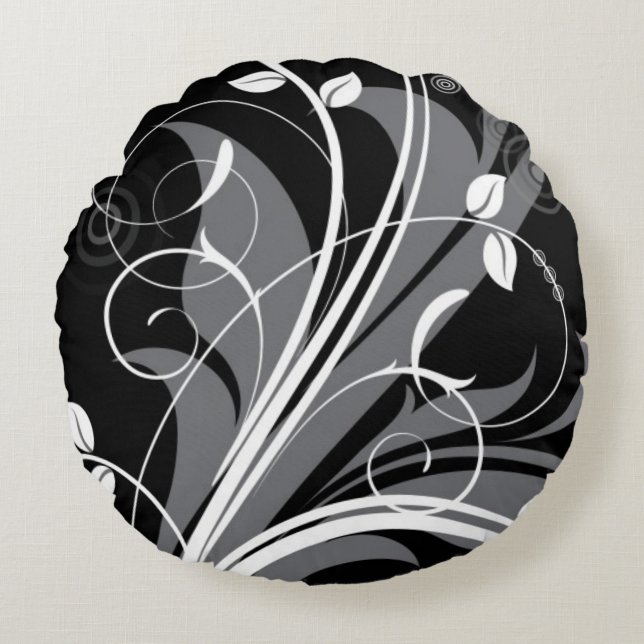 Coussins Ronds Motif floral gris sur le noir (Devant)