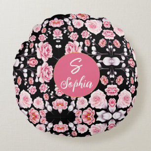 Coussins Ronds Motif floral rose monogramme sur noir