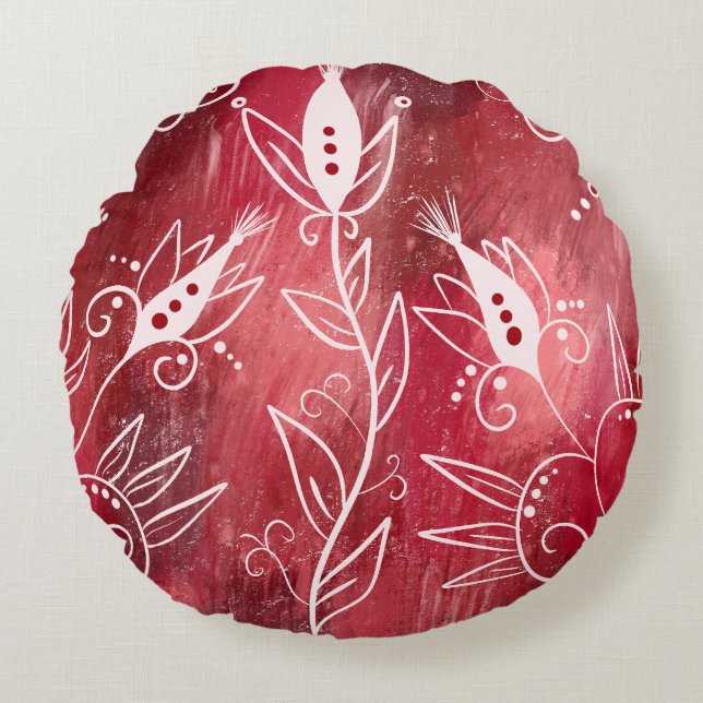 Coussins Ronds Motif Floral Rouge Et Blanc (Devant)