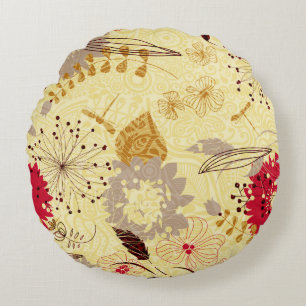 Coussins Ronds Motif Floral Rustique Rétro Beige Et Rouge