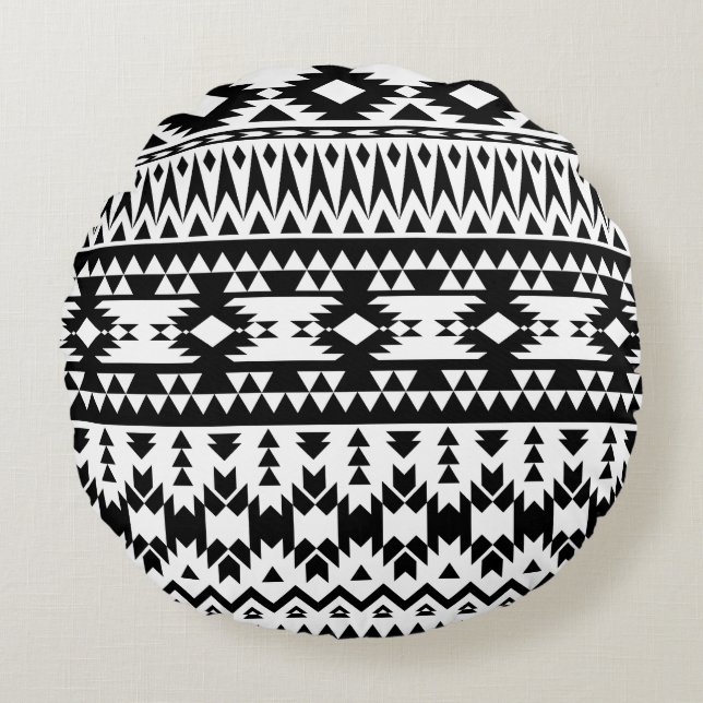 Coussins Ronds Motif géométrique Aztec noir et blanc (Devant)