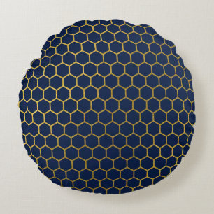Coussins Ronds Motif géométrique marine bleu et or Hexagon