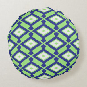 Coussins Ronds Motif Ikat - Vert, Bleu Indigo et Blanc