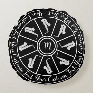 Coussins Ronds Motif noir et blanc avec saxophones et texte