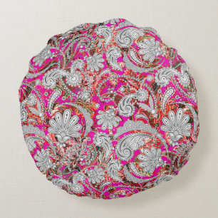 Coussins Ronds Motif paisley blanc rose