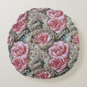 Coussins Ronds Motif Perles vintages et roses roses roses