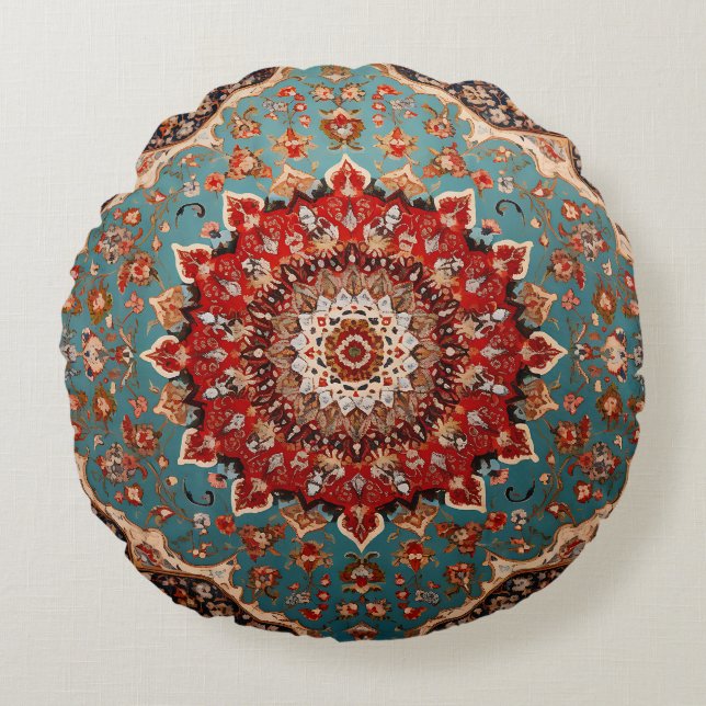 Coussins Ronds Motif persan rétro oriental rouge crème bleu (Devant)