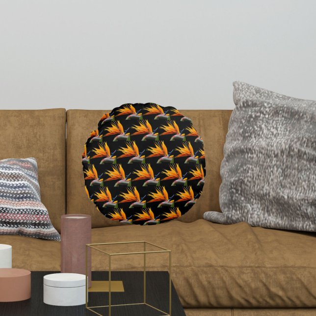 Coussins Ronds Motif Plante Orange Bird of Paradise sur Noir (In Situ)