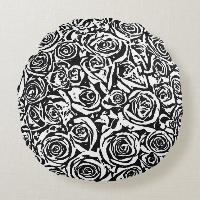 Coussins Ronds Motif Rose Abstrait moderne, noir et blanc (Devant)