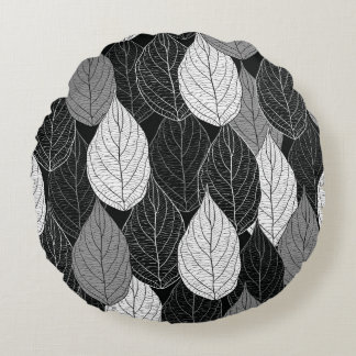 Coussins Ronds Motif sans couture avec feuilles. Monochrom à main