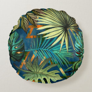 Coussins Ronds Motif sans couture avec feuilles tropicaux et géom