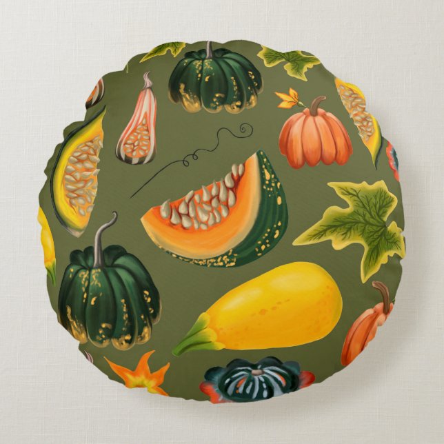 Coussins Ronds Motif sans couture de citrouilles et de feuilles s (Devant)