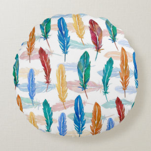 Coussins Ronds Motif sans couture de plumes vives peintes en wat