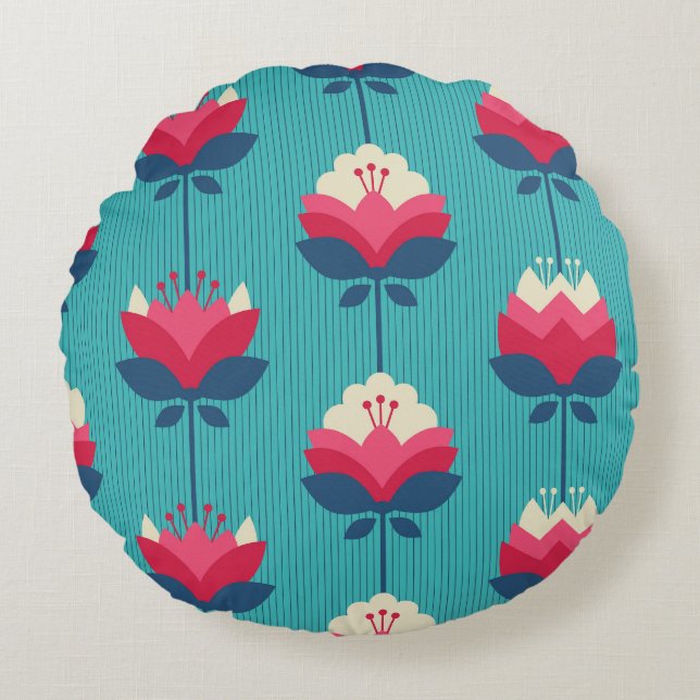 Coussins Ronds Motif sans couture rétro à fleurs. (Devant)